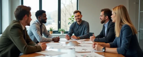 Groupe d'employés et un manager discutant de protocoles de sécurité autour d'une table de conférence bien éclairée dans un environnement de travail moderne