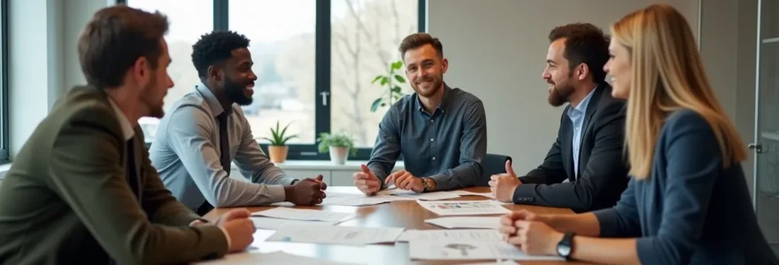 Groupe d'employés et un manager discutant de protocoles de sécurité autour d'une table de conférence bien éclairée dans un environnement de travail moderne