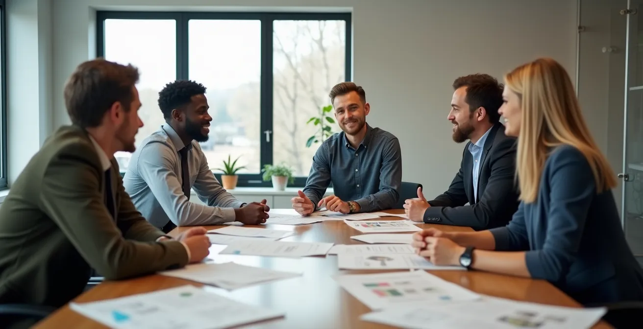 Groupe d'employés et un manager discutant de protocoles de sécurité autour d'une table de conférence bien éclairée dans un environnement de travail moderne