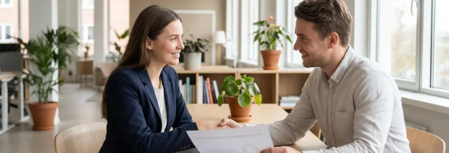 Alternant en formation commerciale qui conclut une vente avec un client dans un bureau moderne