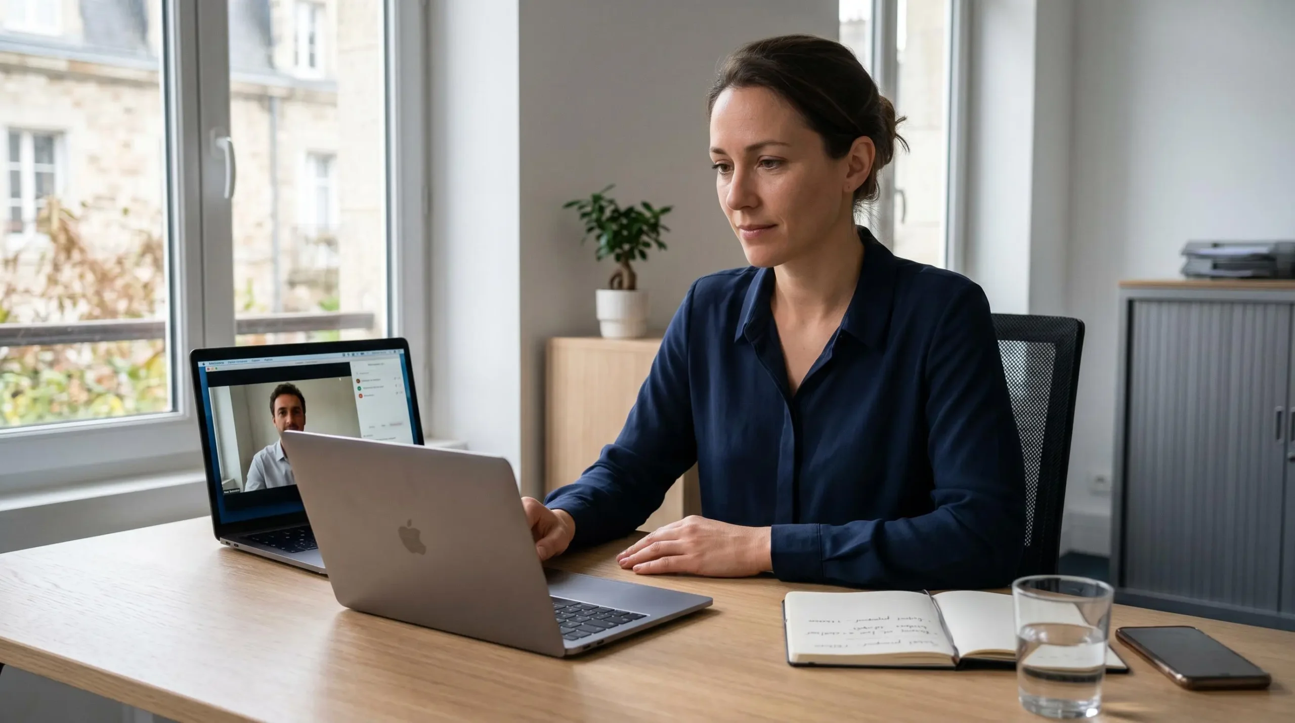 Closer professionnel en appel de vente à distance sur ordinateur portable dans bureau contemporain français avec lumière naturelle douce