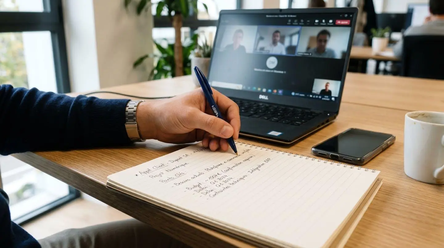 Gros plan sur mains de commercial prenant notes manuscrites en français pendant appel de découverte client