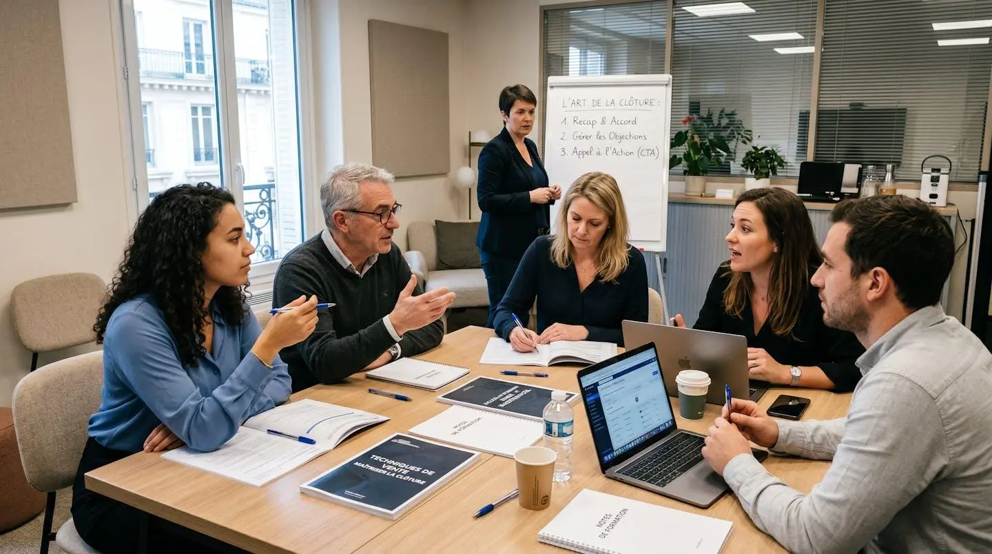 Session de formation au closing éthique avec groupe diversifié de stagiaires et formateur près d'un tableau blanc dans salle de formation moderne en France