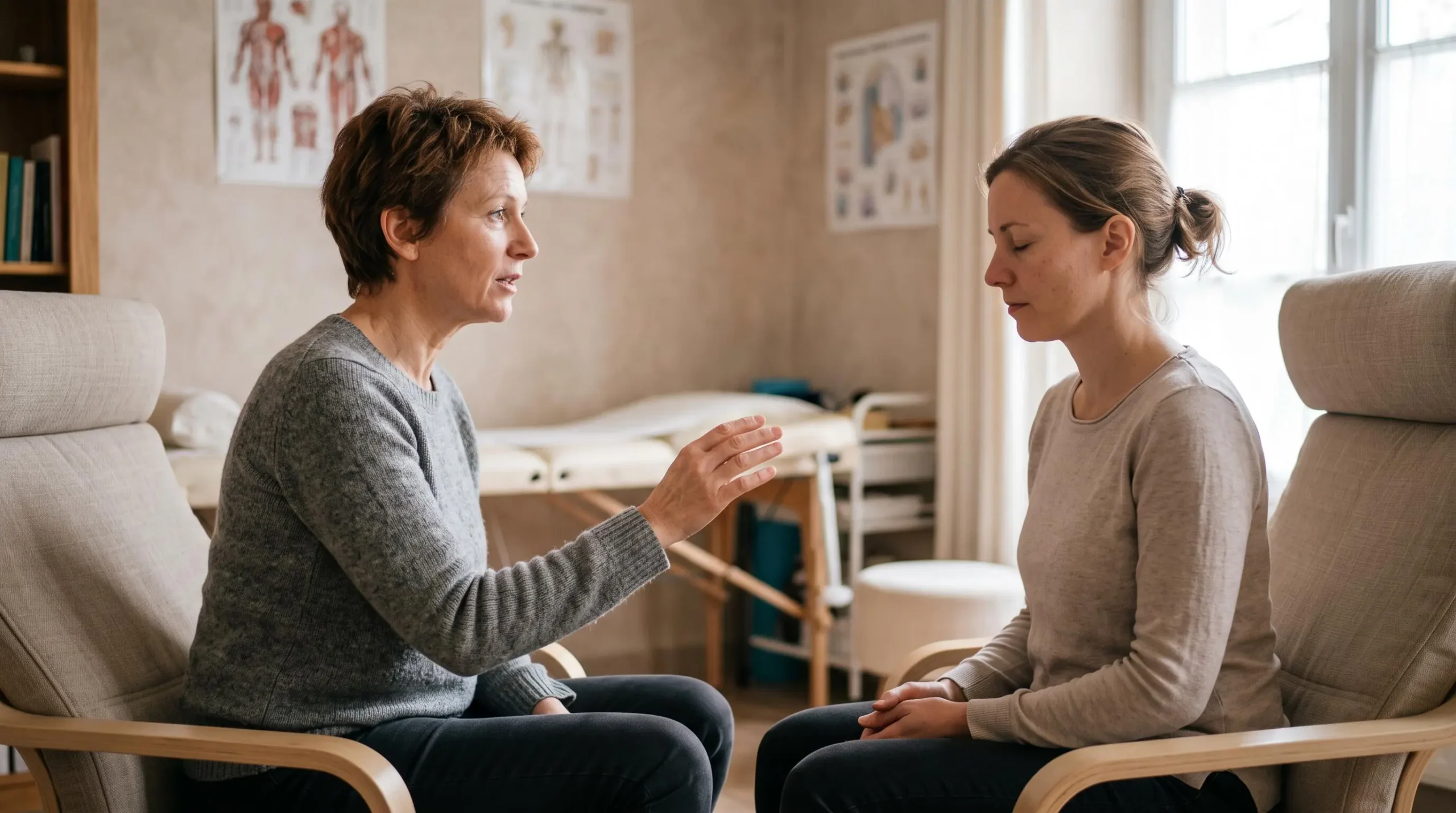 Praticien formateur démontrant une technique d'induction hypnotique avec un participant volontaire les yeux fermés dans un cadre de formation professionnelle