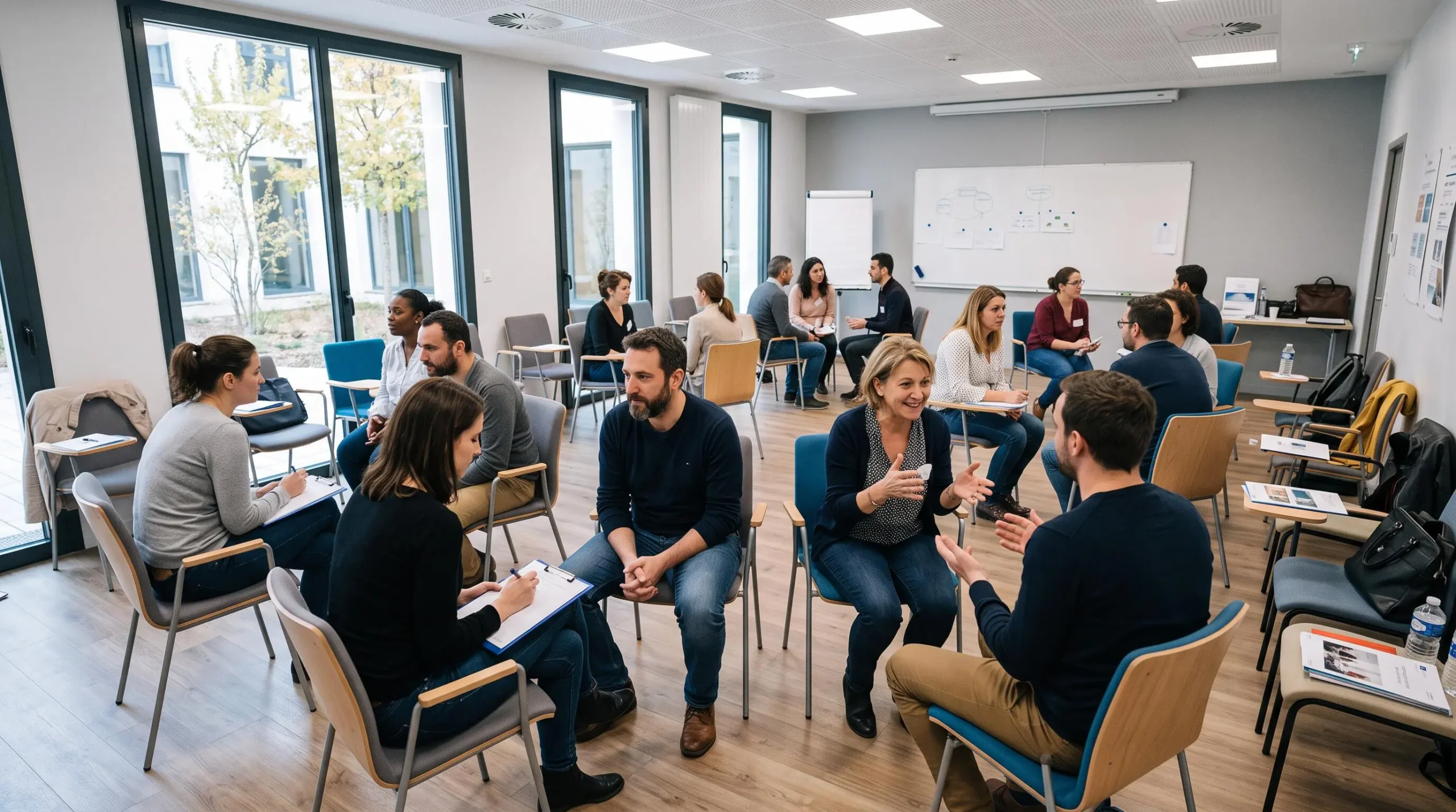 Groupe d'adultes en reconversion pratiquant des exercices thérapeutiques en binômes dans une salle de formation spacieuse et lumineuse