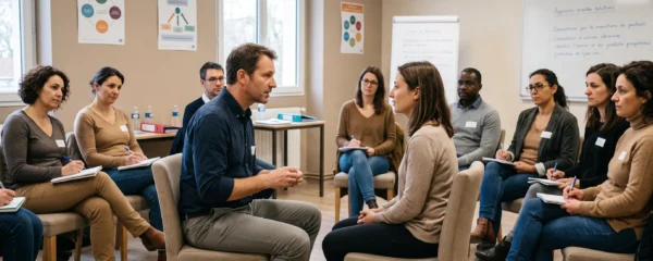 Formateur en thérapies brèves démontrant une technique thérapeutique devant un groupe d'apprenants adultes dans un centre de formation