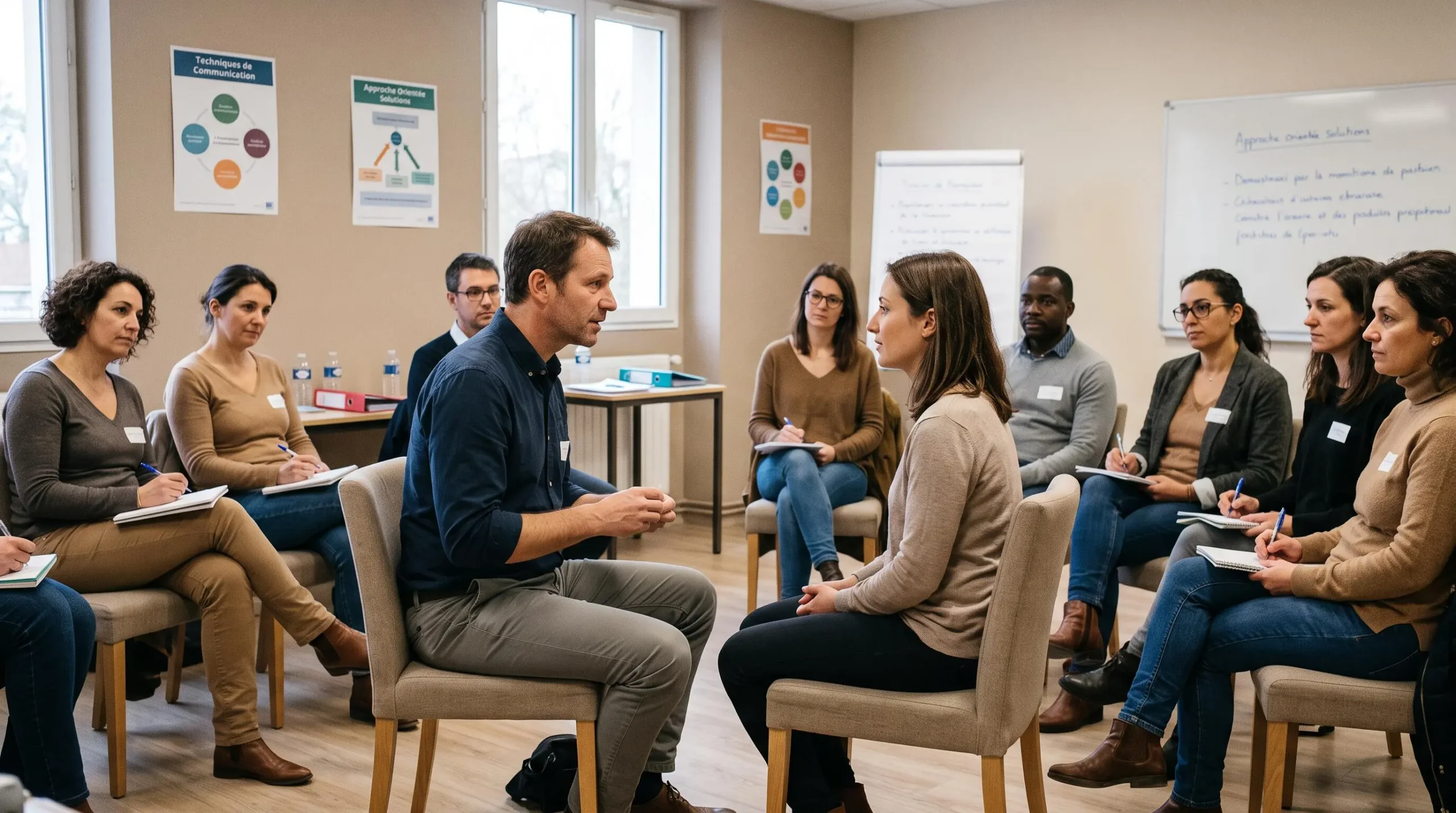 Formateur en thérapies brèves démontrant une technique thérapeutique devant un groupe d'apprenants adultes dans un centre de formation