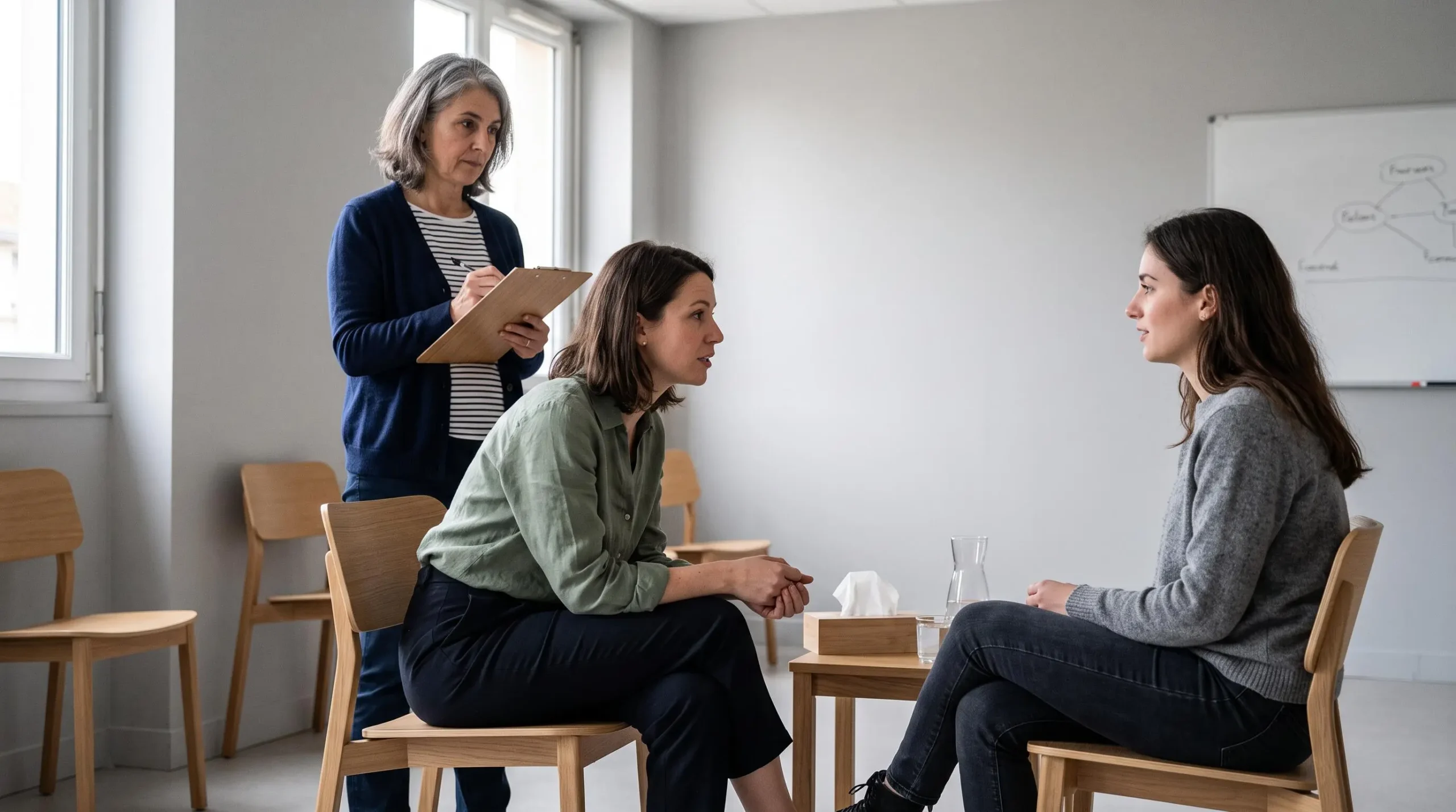 Stagiaire en thérapie brève pratiquant une technique sous la supervision d'un formateur expérimenté dans une salle de formation