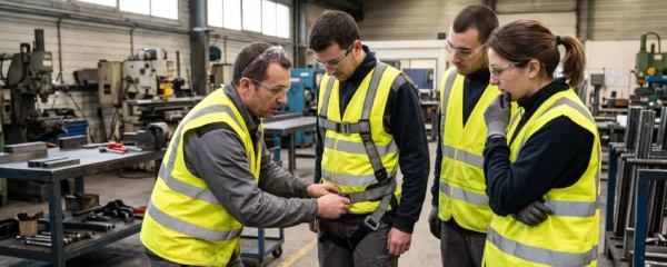 Un formateur sécurité ajuste un harnais devant trois employés attentifs dans un atelier industriel en France.