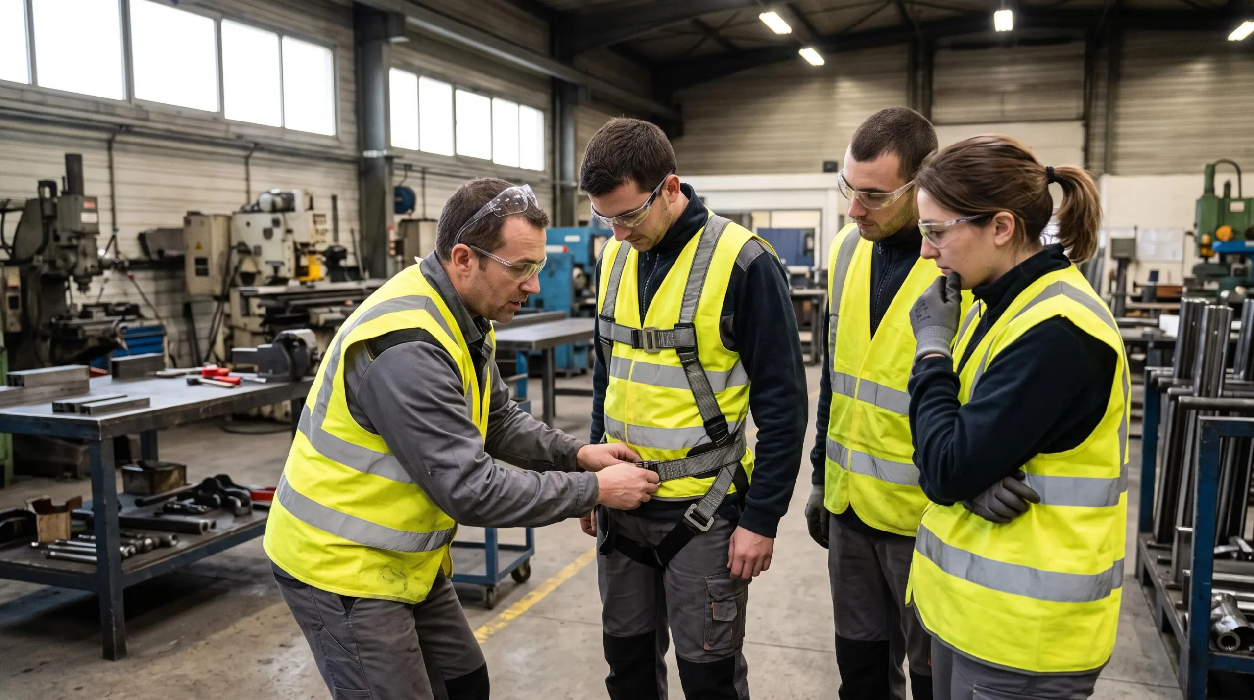 Un formateur sécurité ajuste un harnais devant trois employés attentifs dans un atelier industriel en France.
