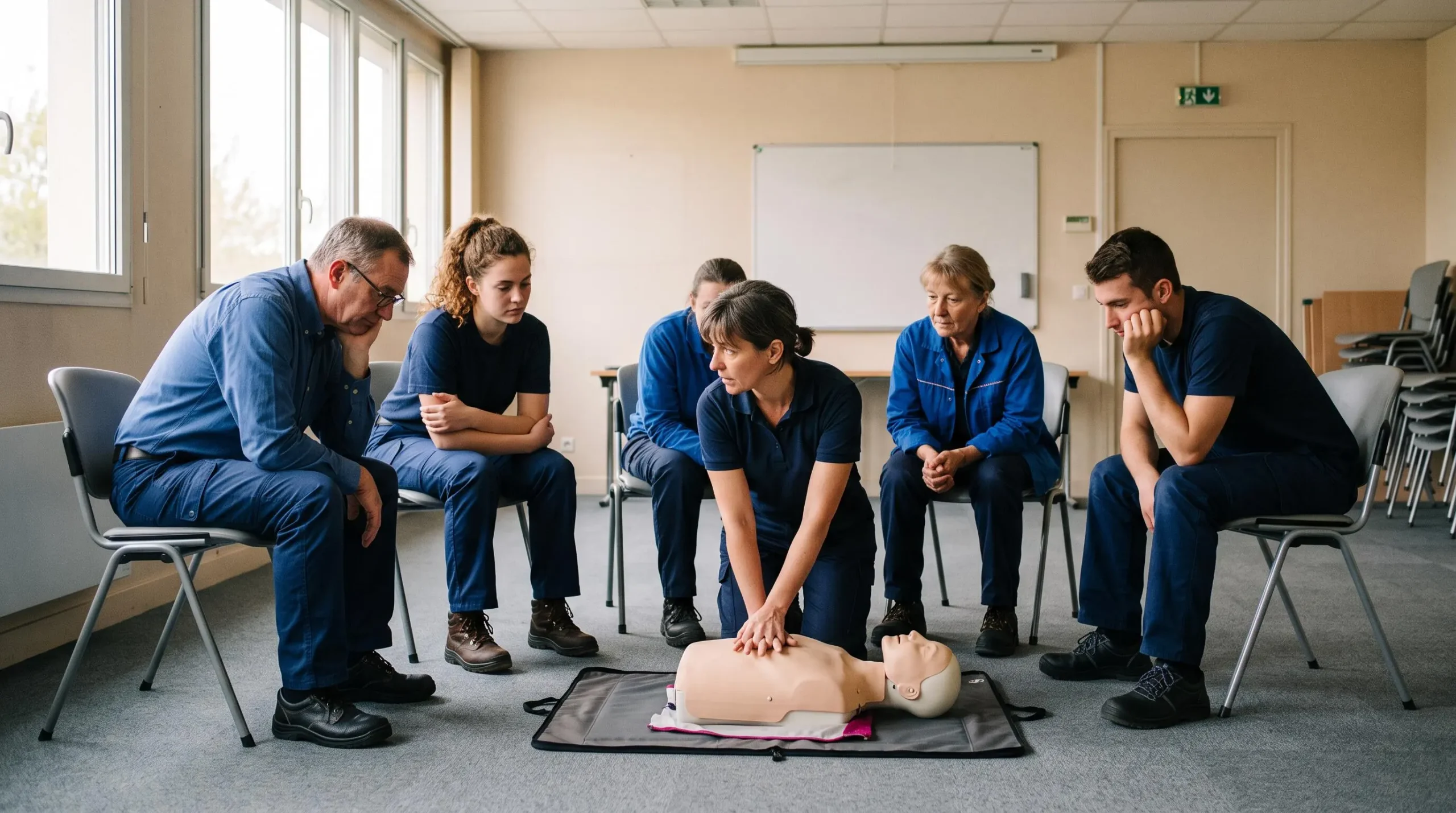Un formateur pratique un massage cardiaque sur un mannequin de formation devant cinq employés assis en cercle.