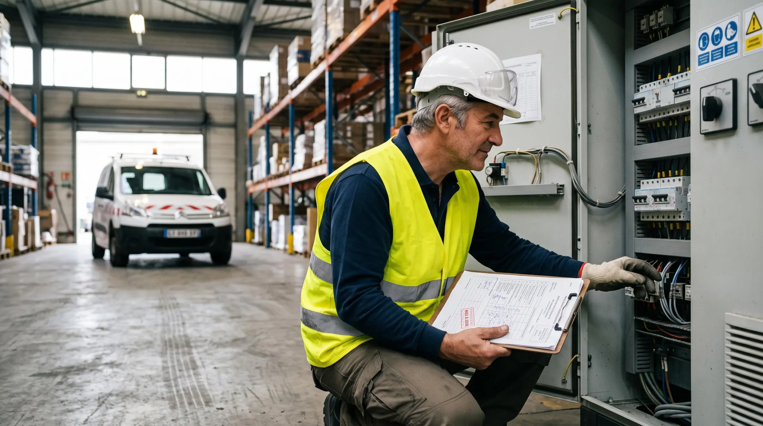 Un responsable sécurité inspecte un coffret électrique ouvert tout en consultant un document dans un entrepôt.